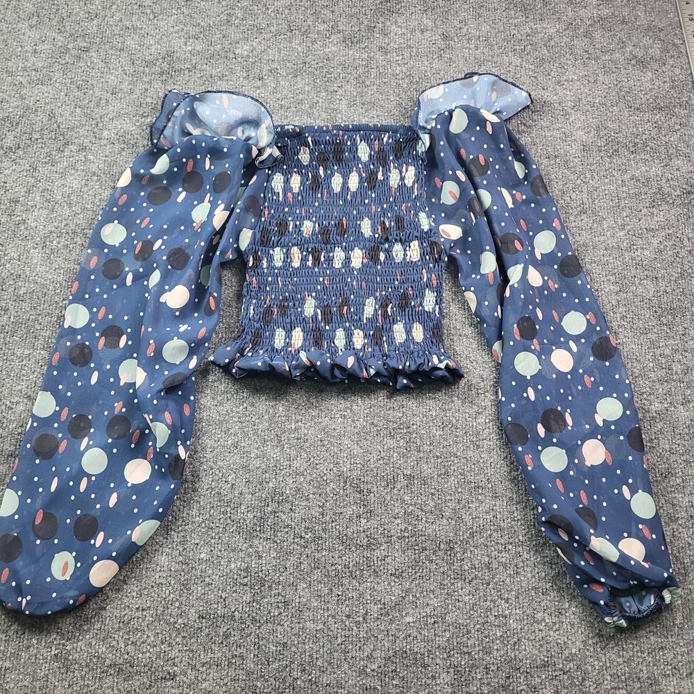 Miss Alize Blue Polka Dot Smocked Off Shoulder Crop Top XL Balloon Sleeve Boho